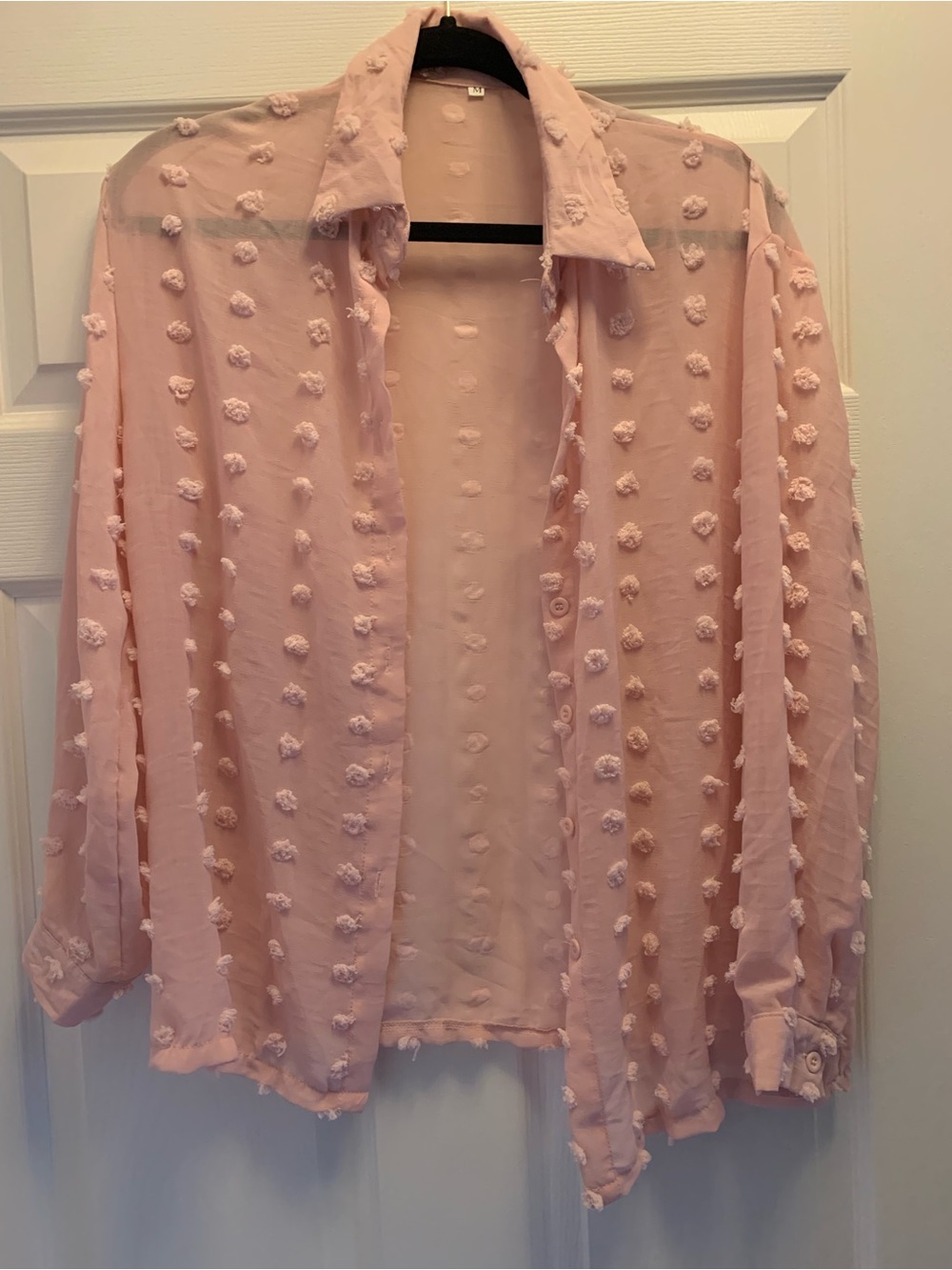 Women’s Sheer Pink Swiss Dot Button-Up Blouse Size Medium